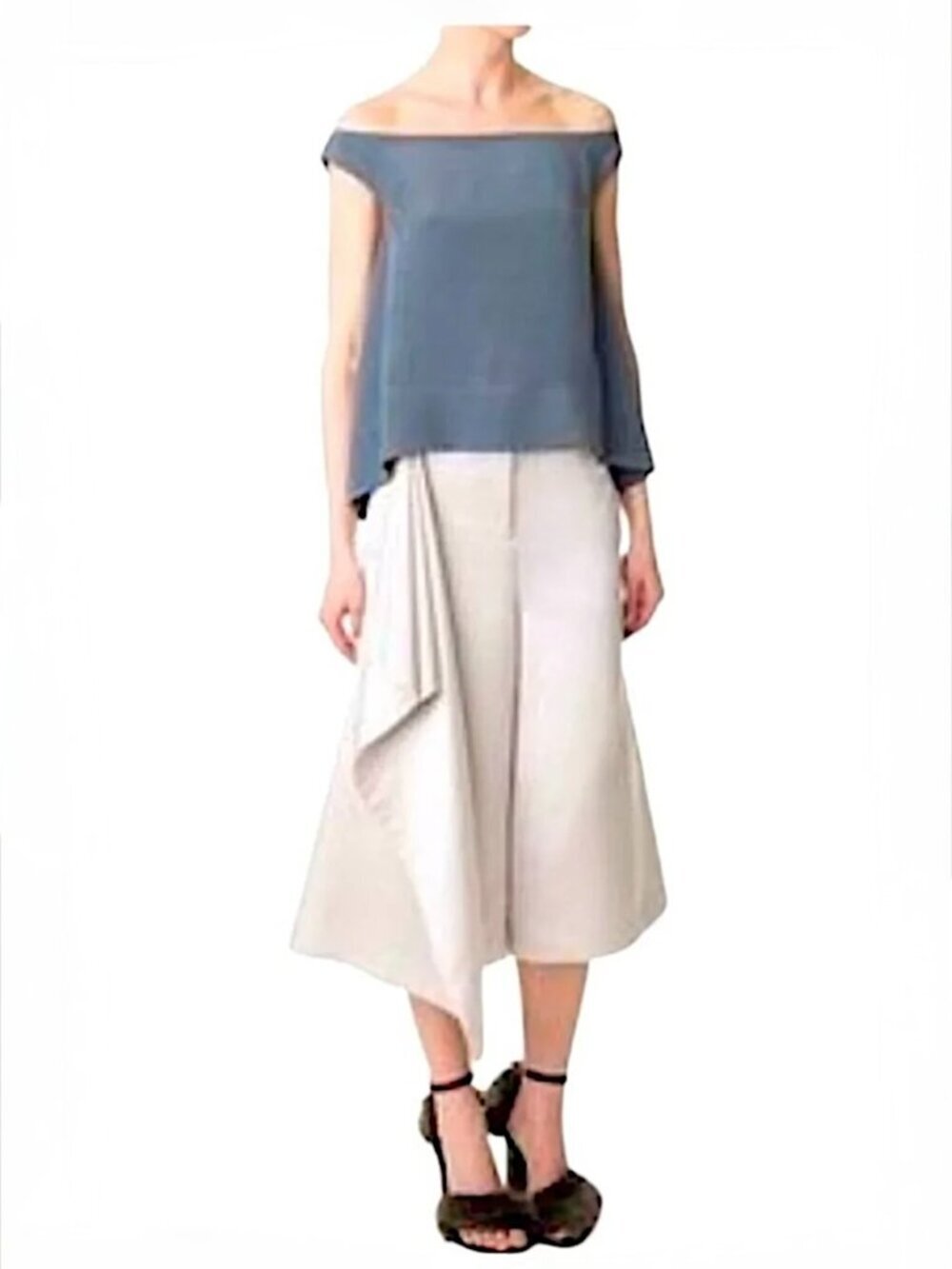 TIBI Draped Satin Culottes Wide Leg Midi Pants Cropped Beige